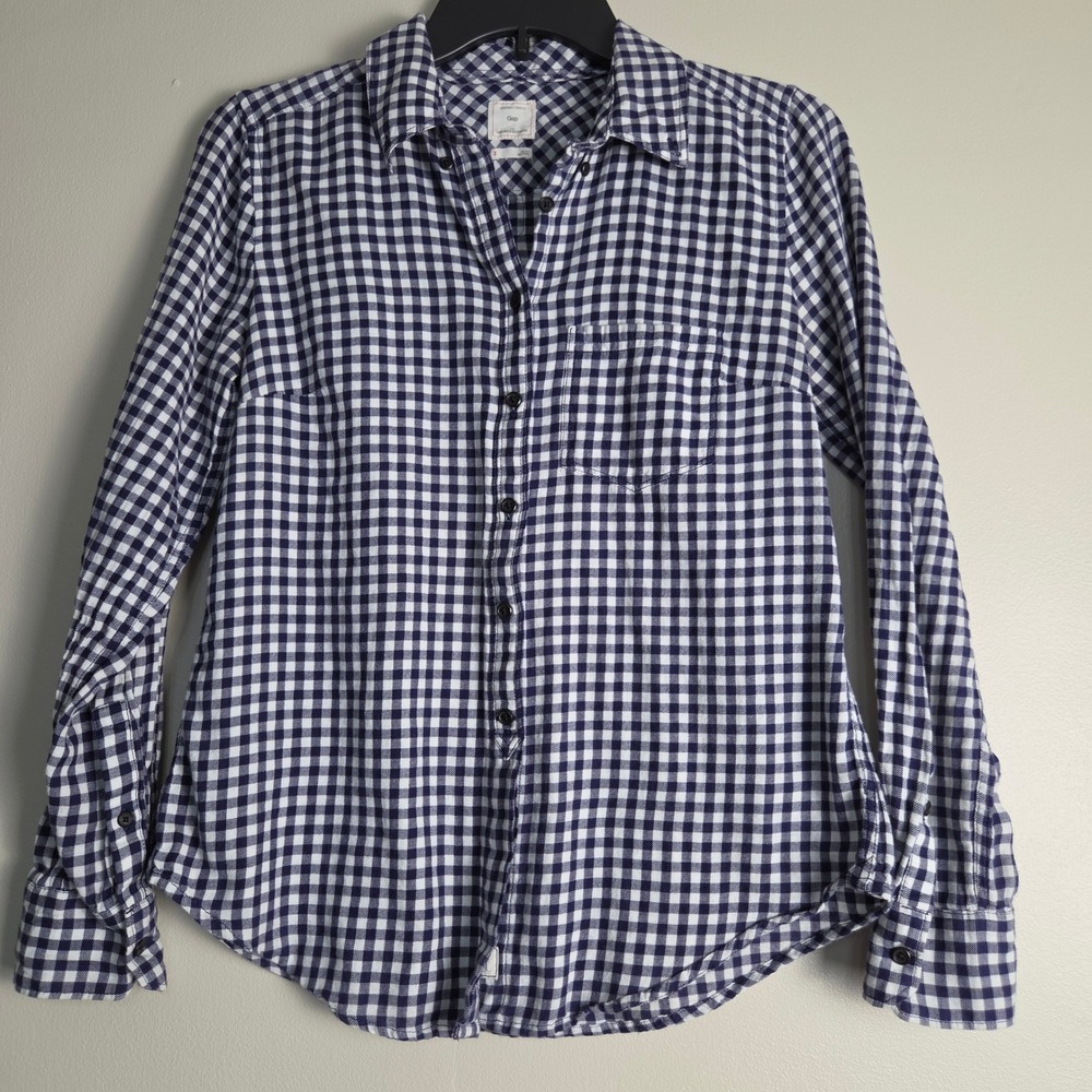 Gap The Shrunken Boyfriend Shirt Navy White Gingham Check Button Down Small